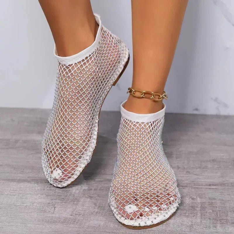 New Women's Flat Shoes Summer Women Sandals Hollowout Elastic Fishnet Socks Slippers Water Diamond Sexy Flat Shoes Zapatos Mujer