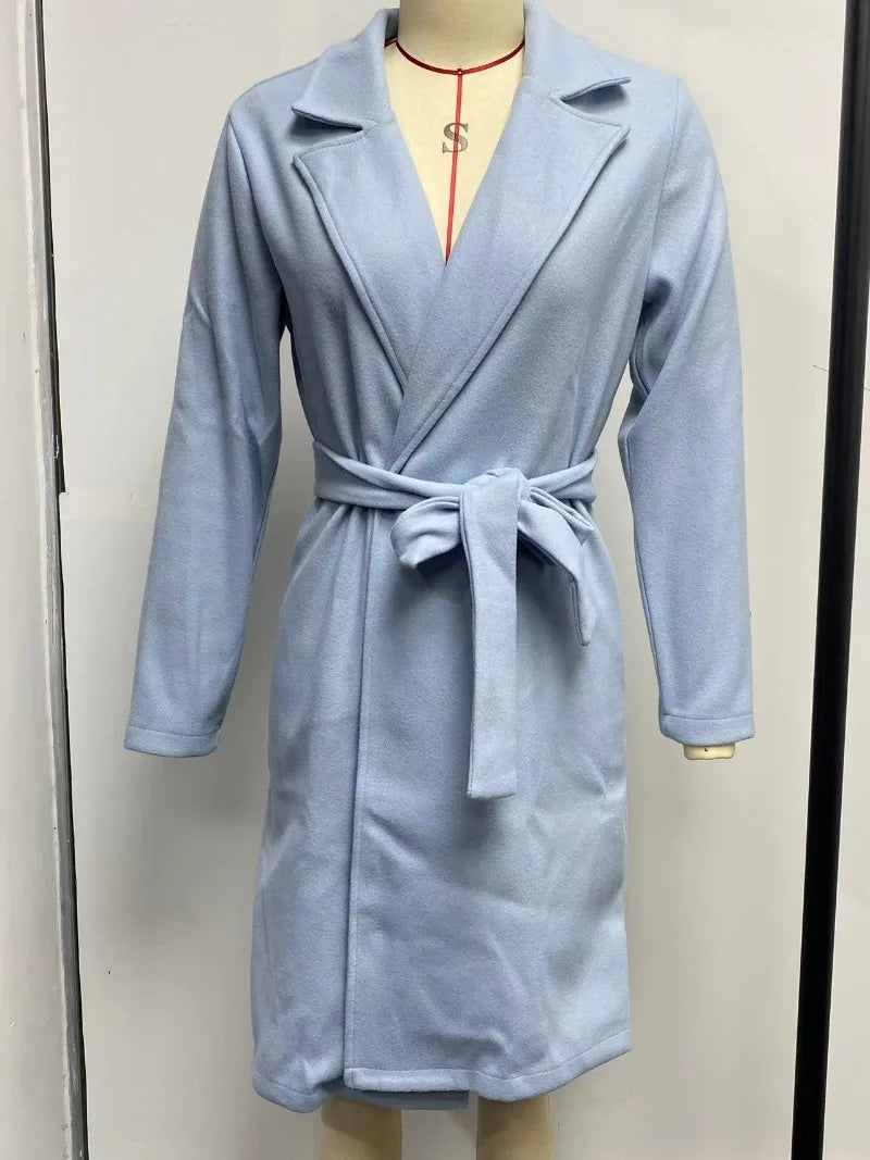 Autumn Winter Women Woolen Jacket Top Outwear Elegant Fashion Long Sleeve Lapel Collar Belt Trench Coat Overcoat Streetwear