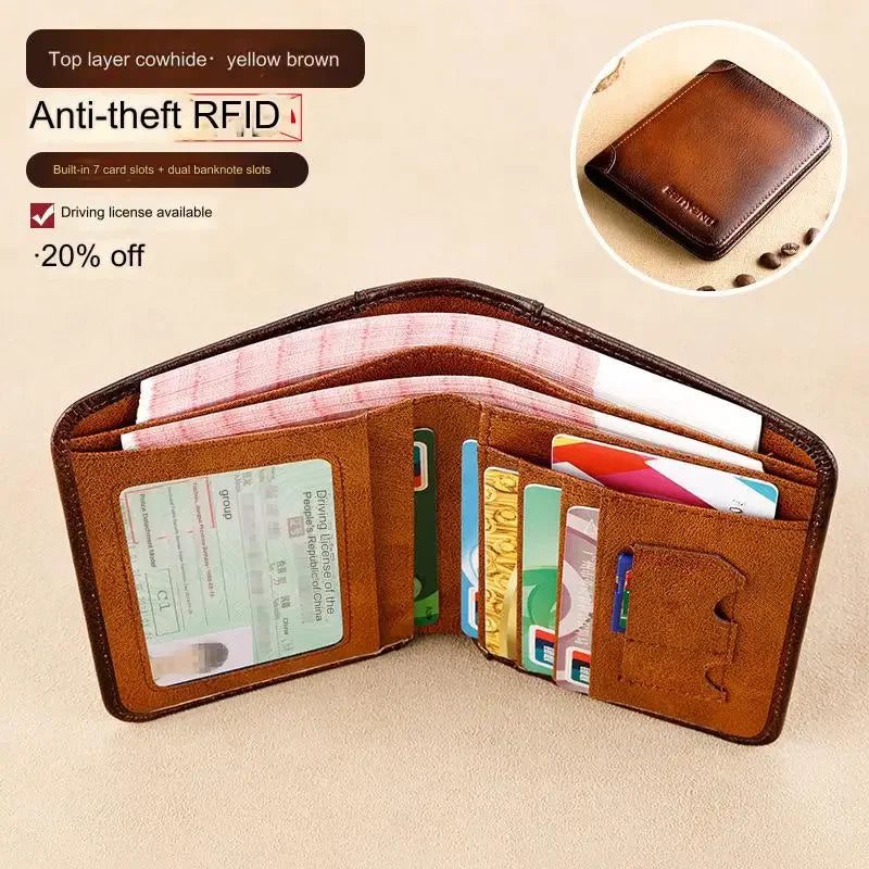 Men's Wallets RFID Blocking Genuine Leather Trifold Business Short Purse Wallet for Men with ID Window and Credit Card Holder