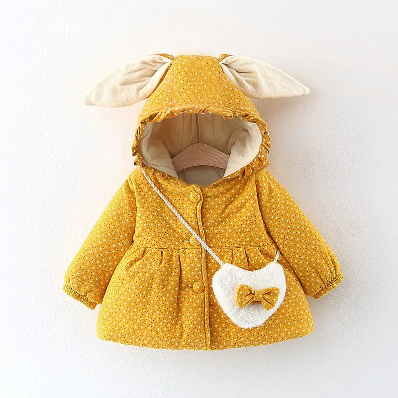 Winter Girls' Cotton Jacket, New Cute Children's Clothing, Solid Color Printed Girls' Cotton Jacket, Rabbit Ear Hooded Bag Gift