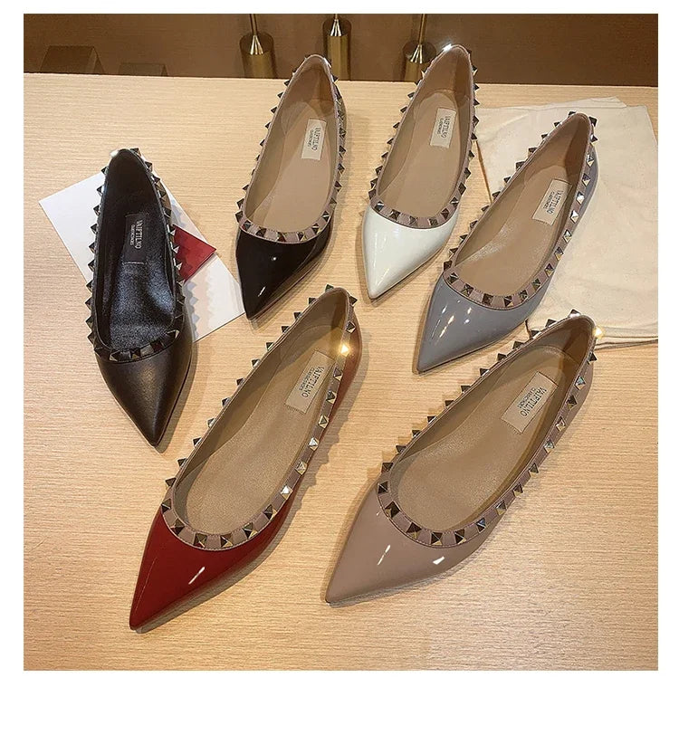 Women's Flat Shoes luxury woman shoes Leather Brand Rivet Flat Shoes Comfortable Casual Outdoor Pointed Toe Shallow Ladies shoes