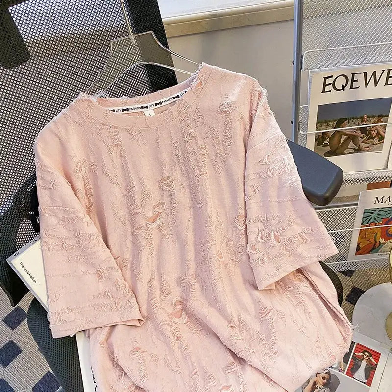 Embroidered Holes Short Sleeve T-Shirt Women Summer New Top