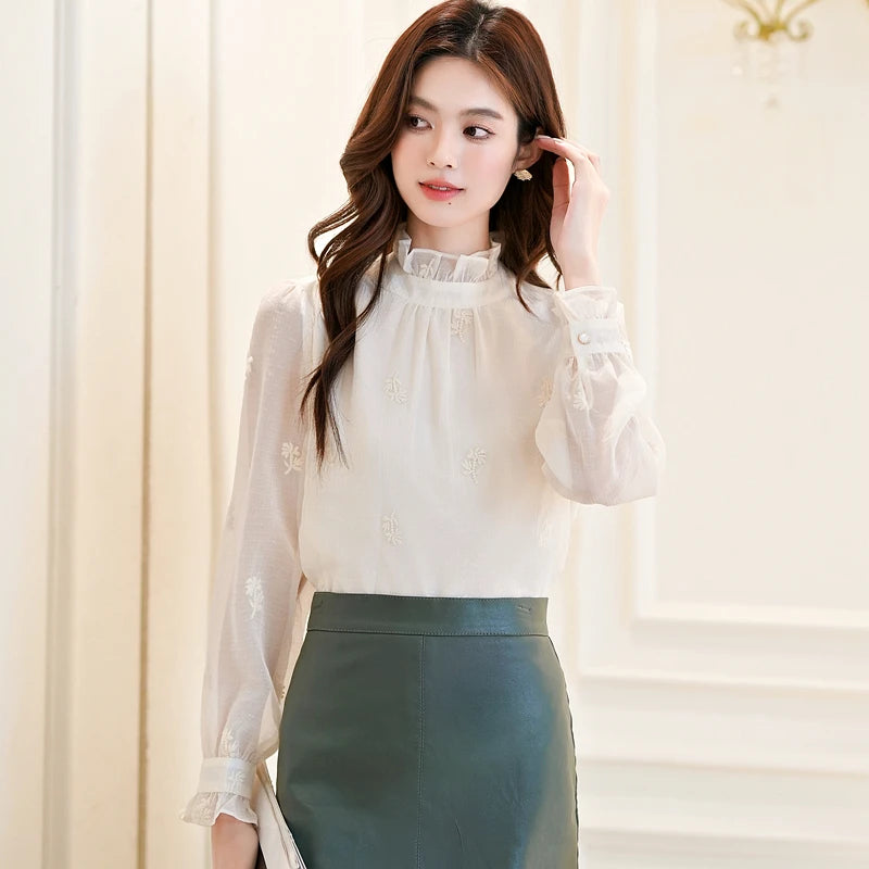 Women Blouse Shirt New Long Sleeve Ruffled Collar Elegant Embroidery Blouse Shirt Women Tops Blouses Shirts Blusas Camisas Q770