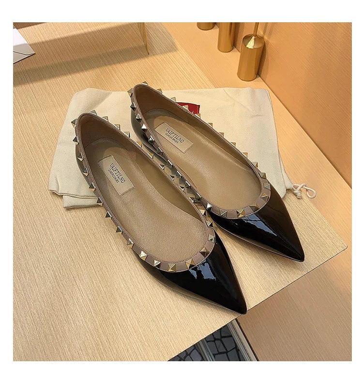 Women's Flat Shoes luxury woman shoes Leather Brand Rivet Flat Shoes Comfortable Casual Outdoor Pointed Toe Shallow Ladies shoes