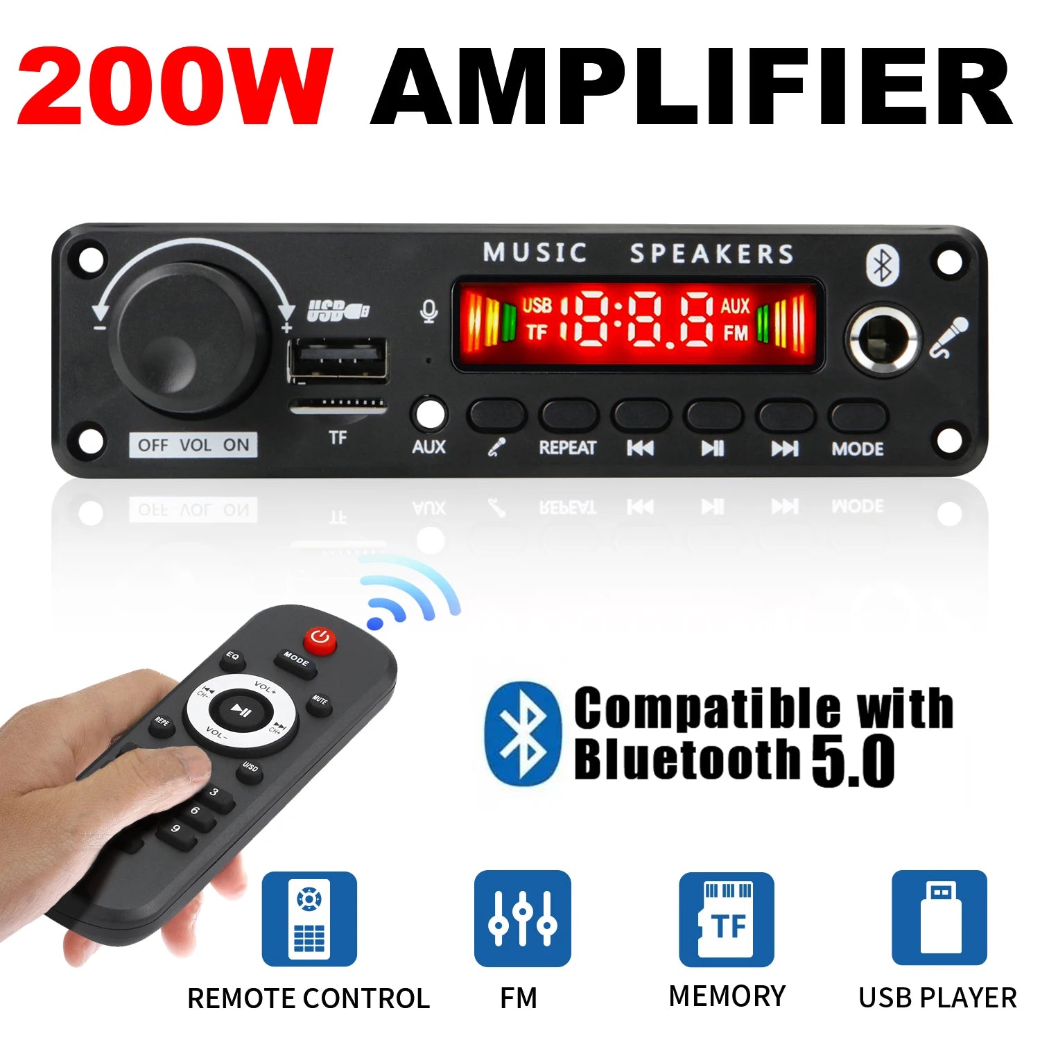 Handsfree 200W Amplifier Bluetooth DIY MP3 Decoder board 12V Wireless Car MP3 Player Record USB TF AUX FM Radio Folder Switching