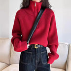 Autumn Winter  Zipper Sweaters Women Solid Color High Neck Knitted Pullover Solid Red Loose Turndown Collar Women's Turtleneck