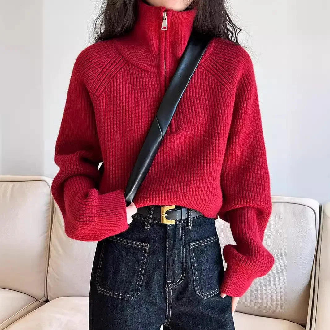 Autumn Winter  Zipper Sweaters Women Solid Color High Neck Knitted Pullover Solid Red Loose Turndown Collar Women's Turtleneck