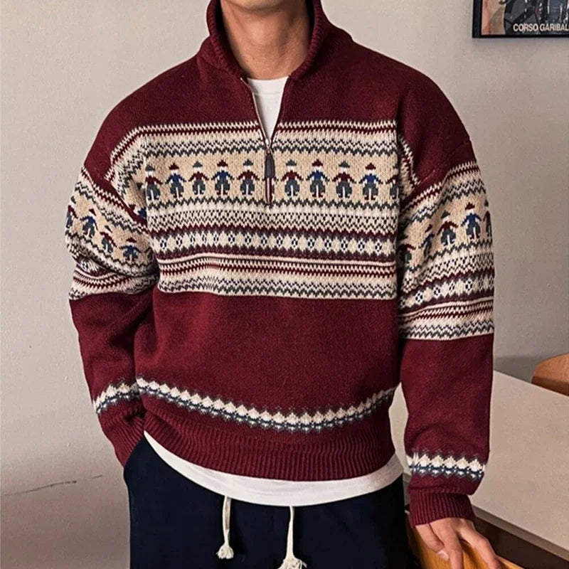 Winter Fair Isle Half Zip Polo Neck Sweaters For Men Y2K Vintage Christmas Knitted Pullovers 2025 New Red Knitwear Man jersey