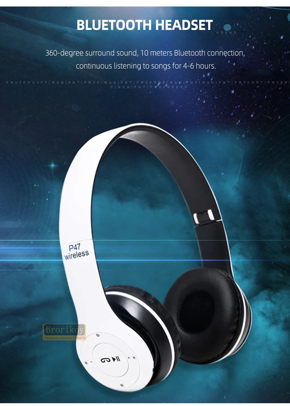 Handsfree Wireless Headphones Noise Canceling Headphone memory Card Earphone P47 headset Bluetooth Head Phone for iPhone Huawei