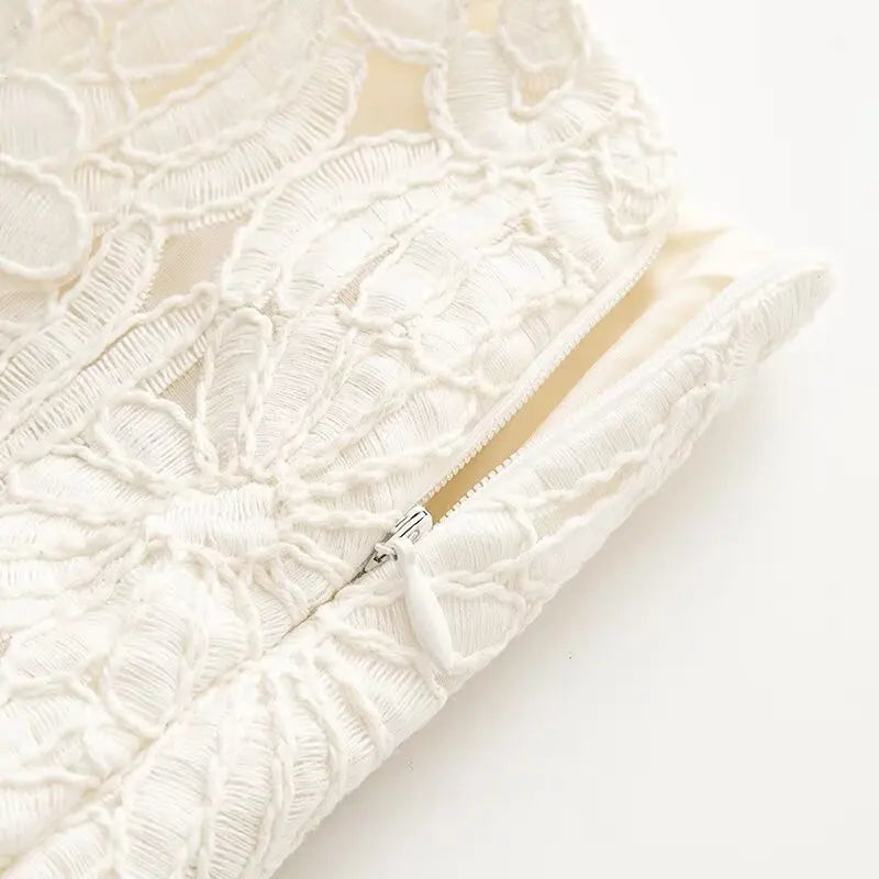 Women's Embroidery Crochet Hollow Shirts High Waist Skirt Suit Suit Mesh O-neck Full Sleeve Blouse Solid Color Skirt Set