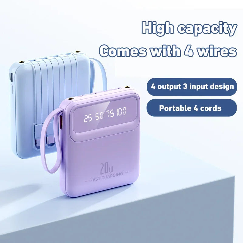 20000mAh Mini Power Bank 4in1 Cable Portable Charger Fast Charging LED Digital Display Poverbank External Battery Mobile Power