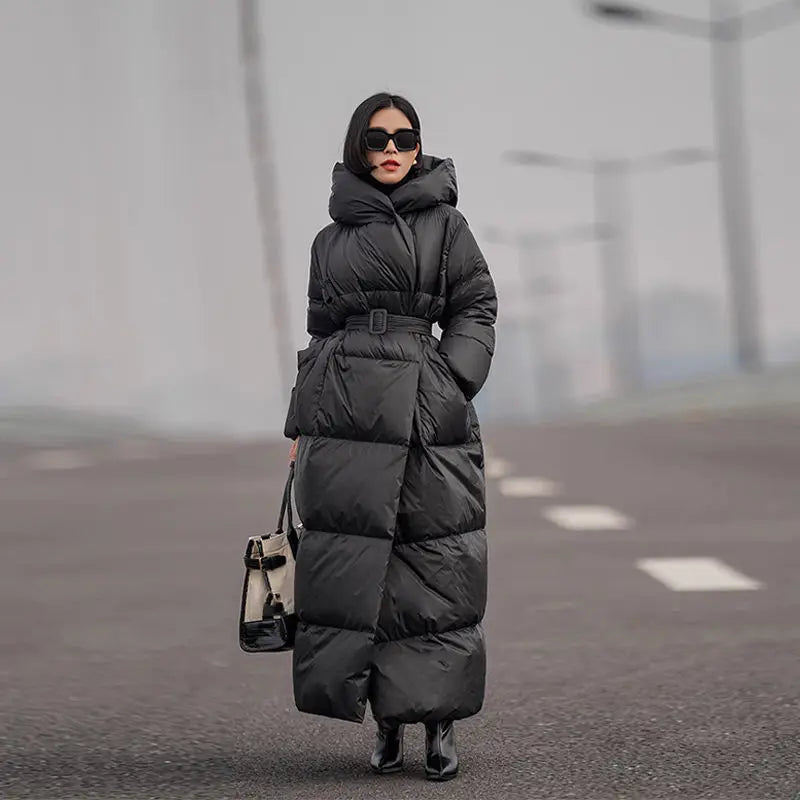 Winter Women Long White Duck Down Cotton Coat Fashion Windproof Hood Casual Thickened Warm Cotton Coat Women Parkas Jacket Coat