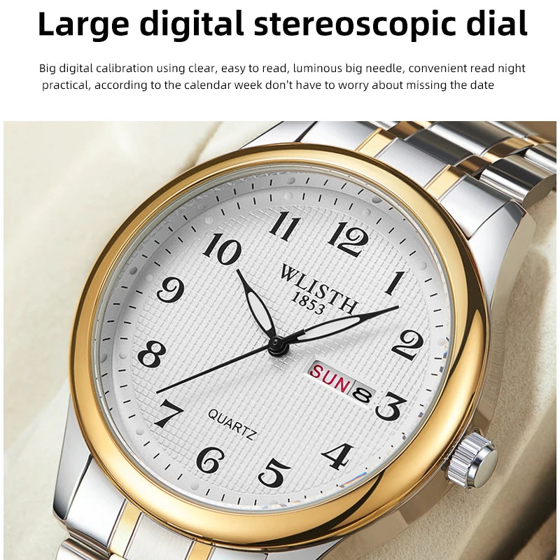 Couple Watch Luxury Quartz Wristwatches For Women Man Bussiness Stainless Steel Watches Waterproof Week Date Wristwatch Clock