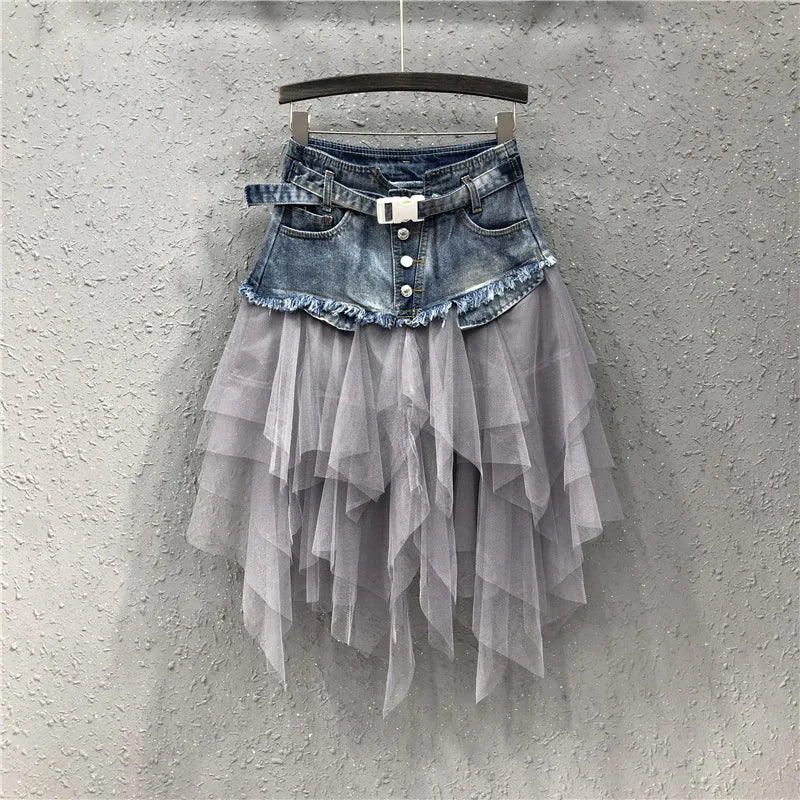 Women's Tulle Stitched High-waisted and Slim-fitting Retro Denim Skirt for Women Spring, Summer and Autumn
