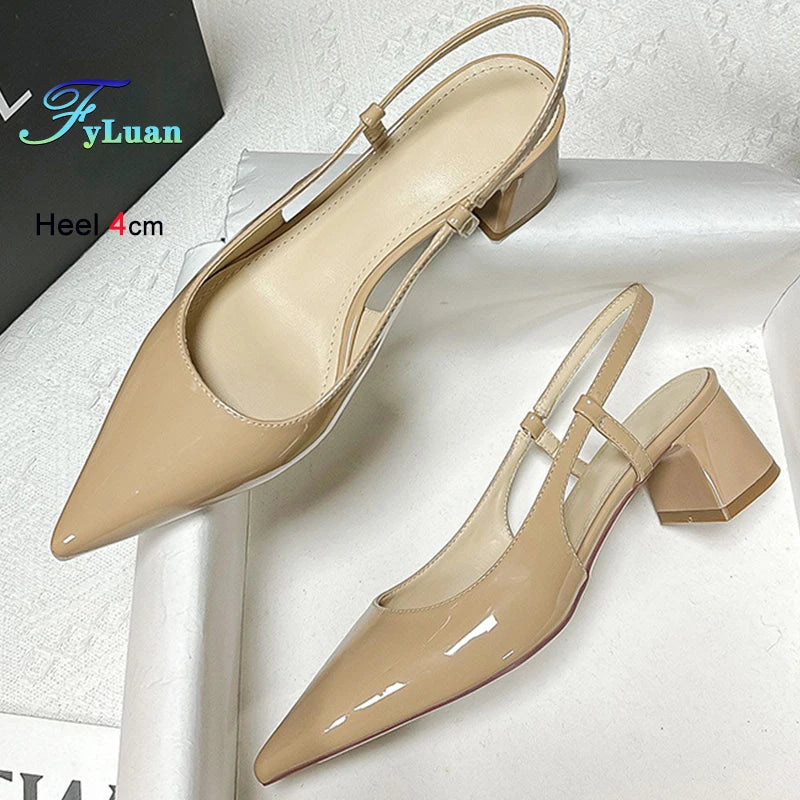 2025 New Medium Heel Woman 4cm Sandals Shallow Mouth Glossy Closed Toe Sandals One Word Buckle Temperament Summer Outdoor Shoes