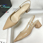 2025 New Medium Heel Woman 4cm Sandals Shallow Mouth Glossy Closed Toe Sandals One Word Buckle Temperament Summer Outdoor Shoes