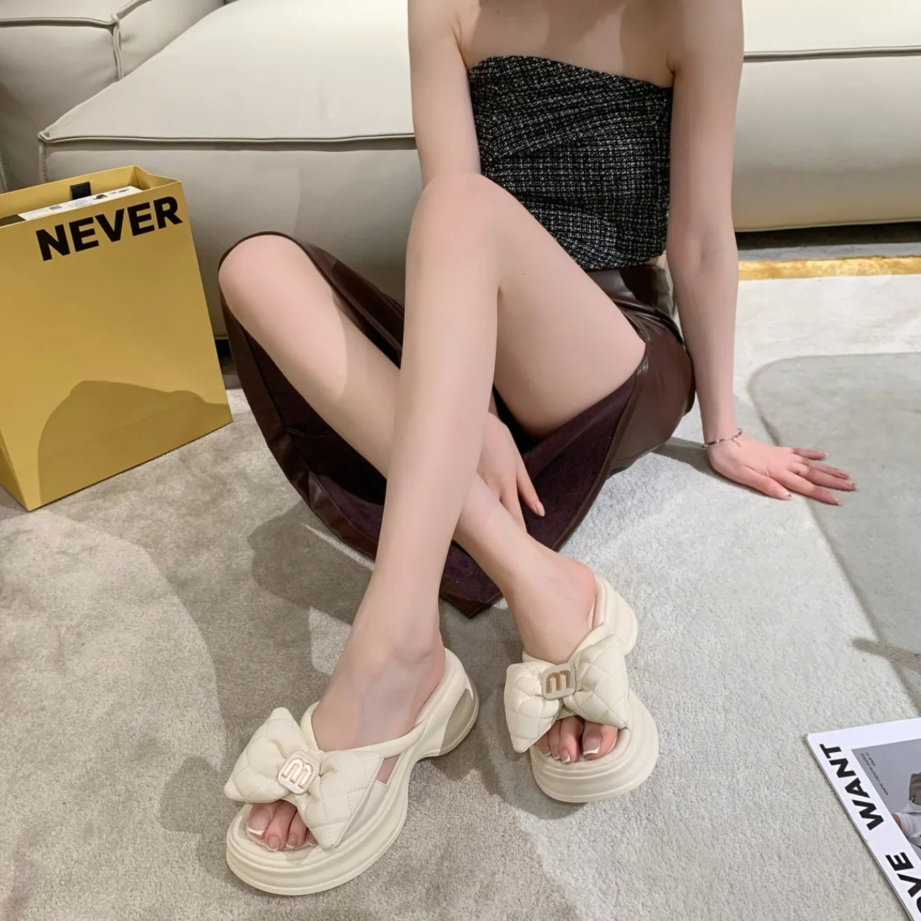 Women Slippers 2024 New Summer Casual Shoes Versatile Thick Sole Sandals Women Outwear Bow Beach Slippers Sexy Slides Women