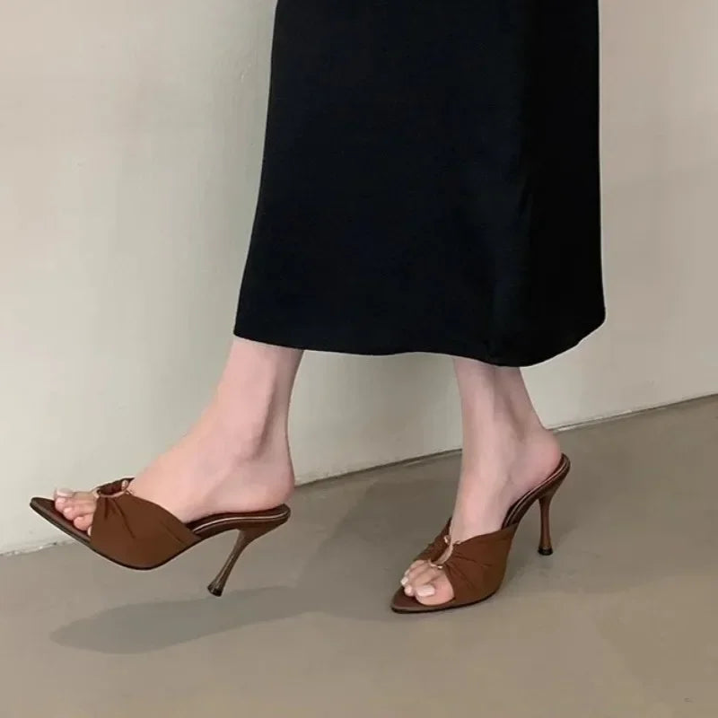 Elegant Woman Heeled Shoes 2025 New Open Toe Slippers Women Fashion Outdoor Metal Decoration Summer Plus Size Dress High Heels