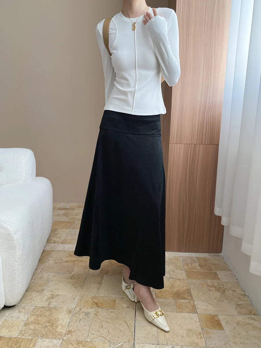 Women's casual stitching slim fit shoulder slimming base long sleeved T-shirt