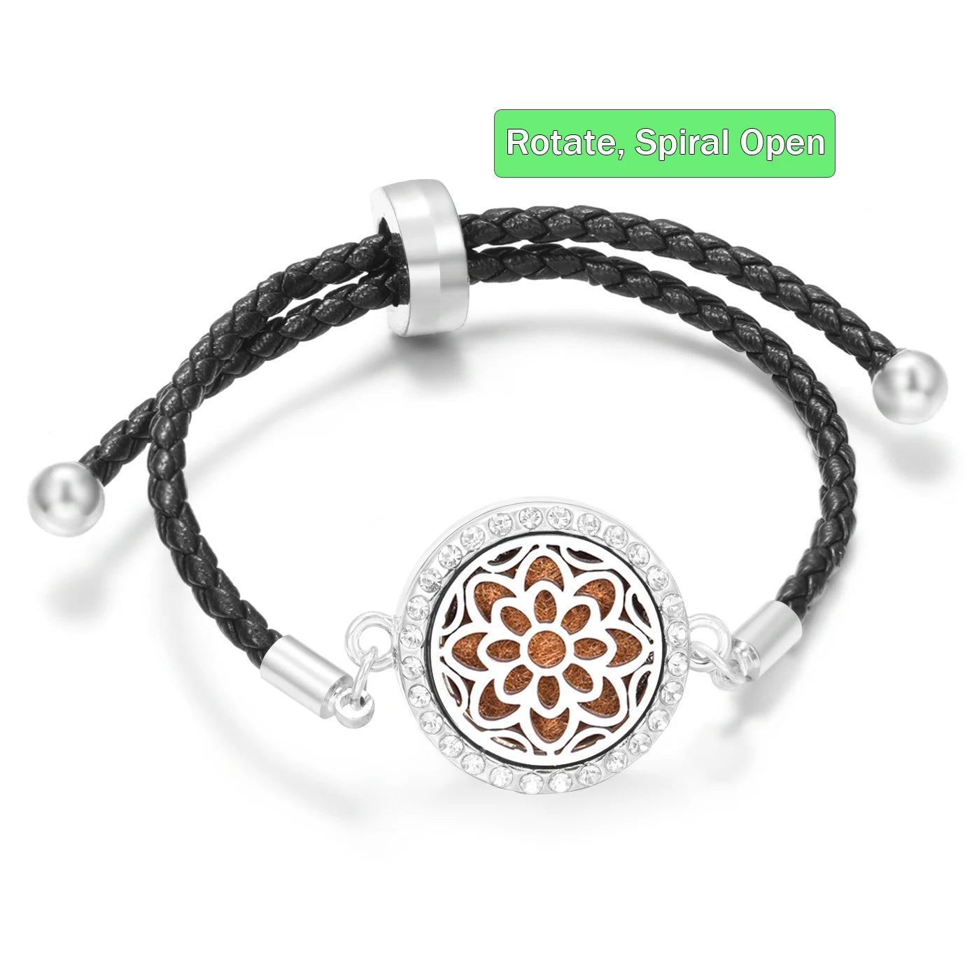 Aromatherapy Diffuser Flowers Rose Women Leather Perfume Bangle Essential Oil Locket Spiral Open Rhinestones Bracelet Jewelry