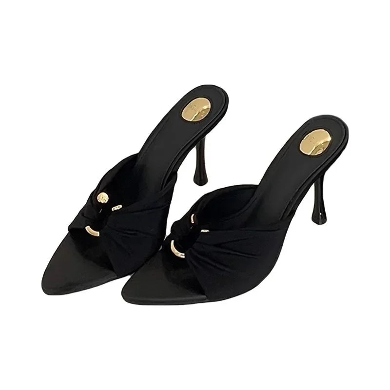 Elegant Woman Heeled Shoes 2025 New Open Toe Slippers Women Fashion Outdoor Metal Decoration Summer Plus Size Dress High Heels