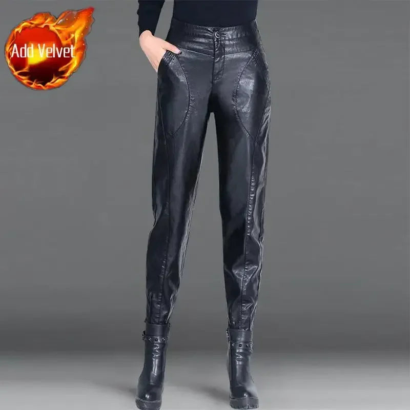 Pants for Women High Waist PU Leather Harem Woman Trousers Aesthetic One Size Classic Autumn Trends 2025 90s Outfits Clothing G