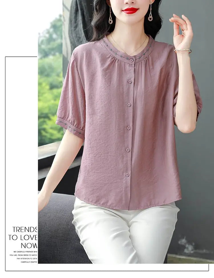 Embroidered Blouse Women Short Sleeve Summer Loose Slimming Top