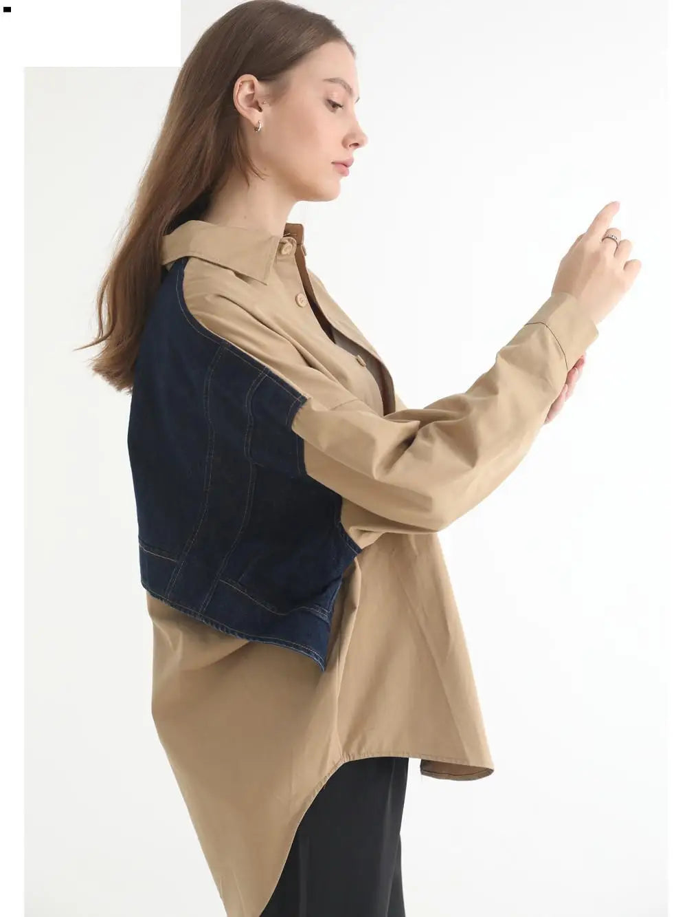 Tannt Women Blouse Denim Patchwork Stitched Ladies Shirt Long Sleeve Loose Leisure Irregular Shirts Fake Two Female Tops 2025