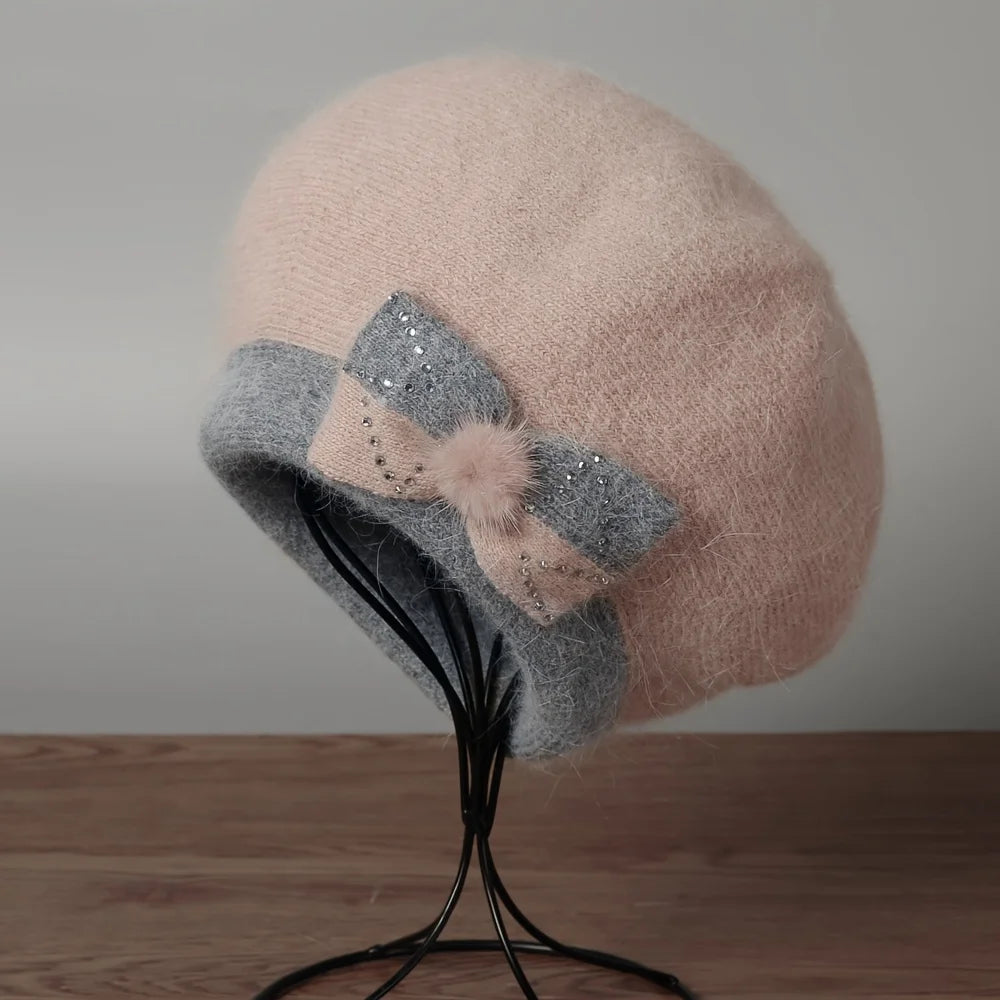 Autumn and winter hats, children's brimless rabbit fur hats, butterfly knot diamond knitted hats, pullover hats, double-layer th