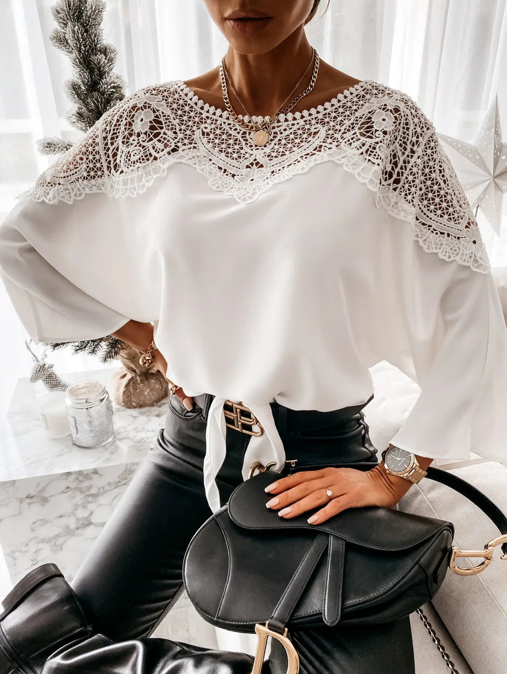Women's Blouses T-shirt Long Sleeve Lace Stitching White Office Loose Elegant Black Shirt for Women