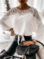 Women's Blouses T-shirt Long Sleeve Lace Stitching White Office Loose Elegant Black Shirt for Women