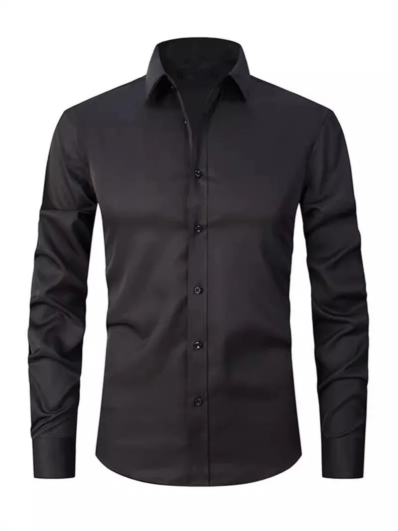 Men's formal shirt, summer long-sleeved, thin, business casual, breathable, no-iron, slimming, solid black color