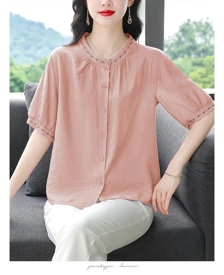 Embroidered Blouse Women Short Sleeve Summer Loose Slimming Top