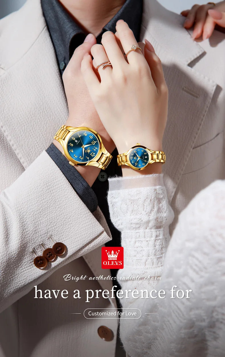 OLEVS 3650 Couple Watches For Men Women Number Scale Waterproof Quartz Dress Wristwatch Luminous Luxury Calendar Business Watch