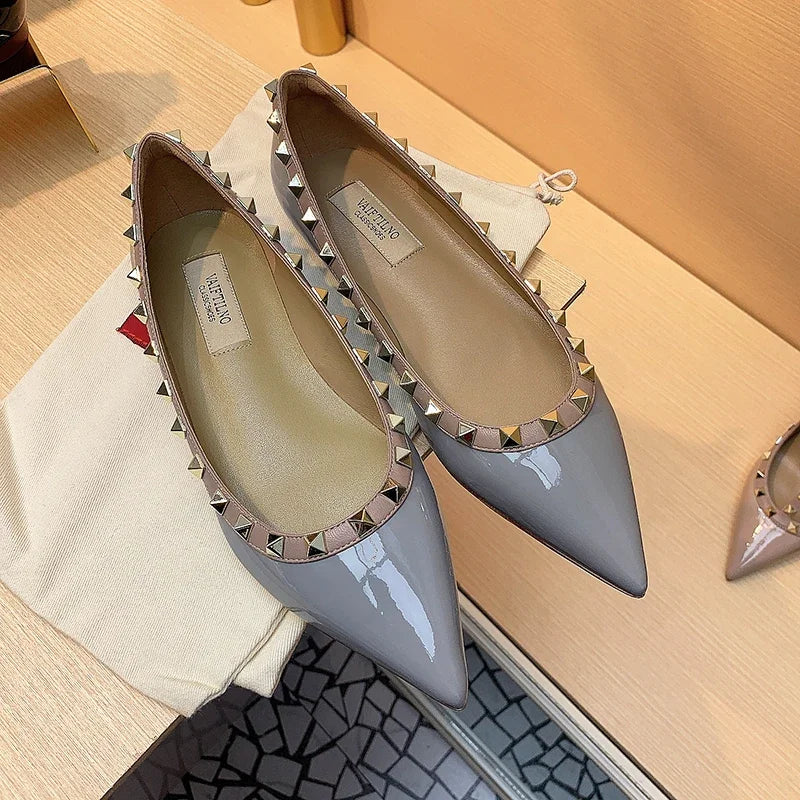 Women's Flat Shoes luxury woman shoes Leather Brand Rivet Flat Shoes Comfortable Casual Outdoor Pointed Toe Shallow Ladies shoes