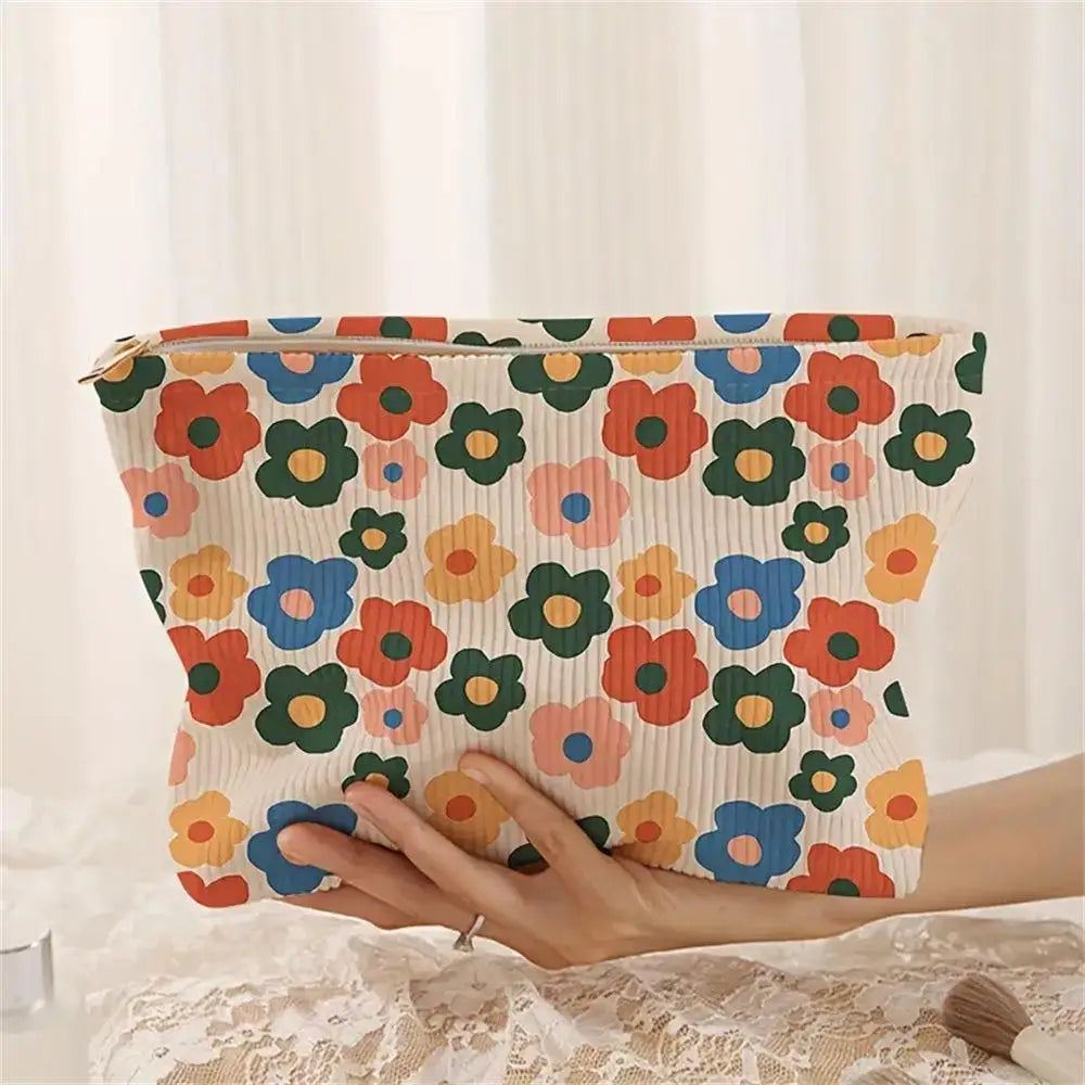 Cosmetic Bag Women Floral Makeup Case Organizer Korean Embroidery Cosmetic Pouch Travel Toiletry Bag Corduroy Canvas Beauty Case