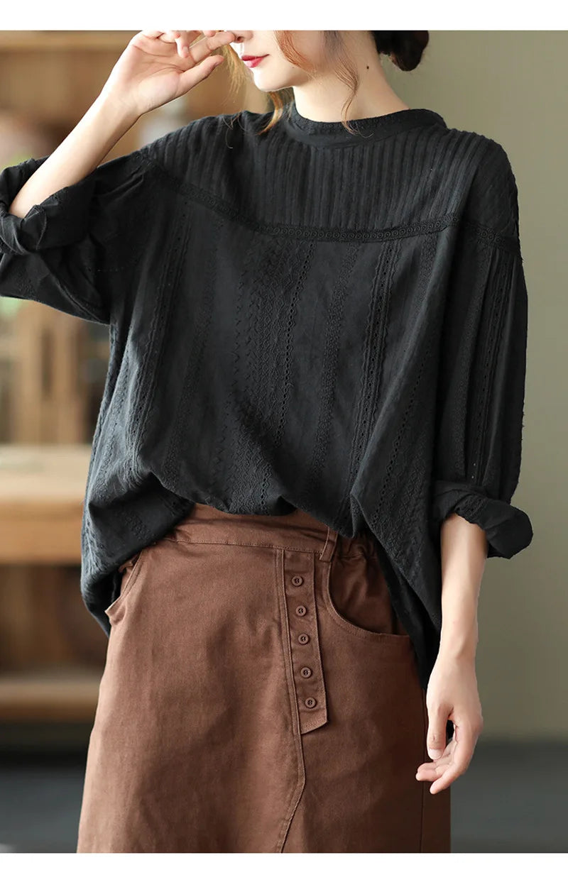 Women's elegant blouses 100% cotton embroidery hollow out white black shirts ladies office wear women long sleeve tops