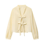 Women Striped Printed Lace-Up Shirt With Bow New Puff Long Sleeves V-Neck Hollow Out Blouses Sweet Ladies Fashion Tops