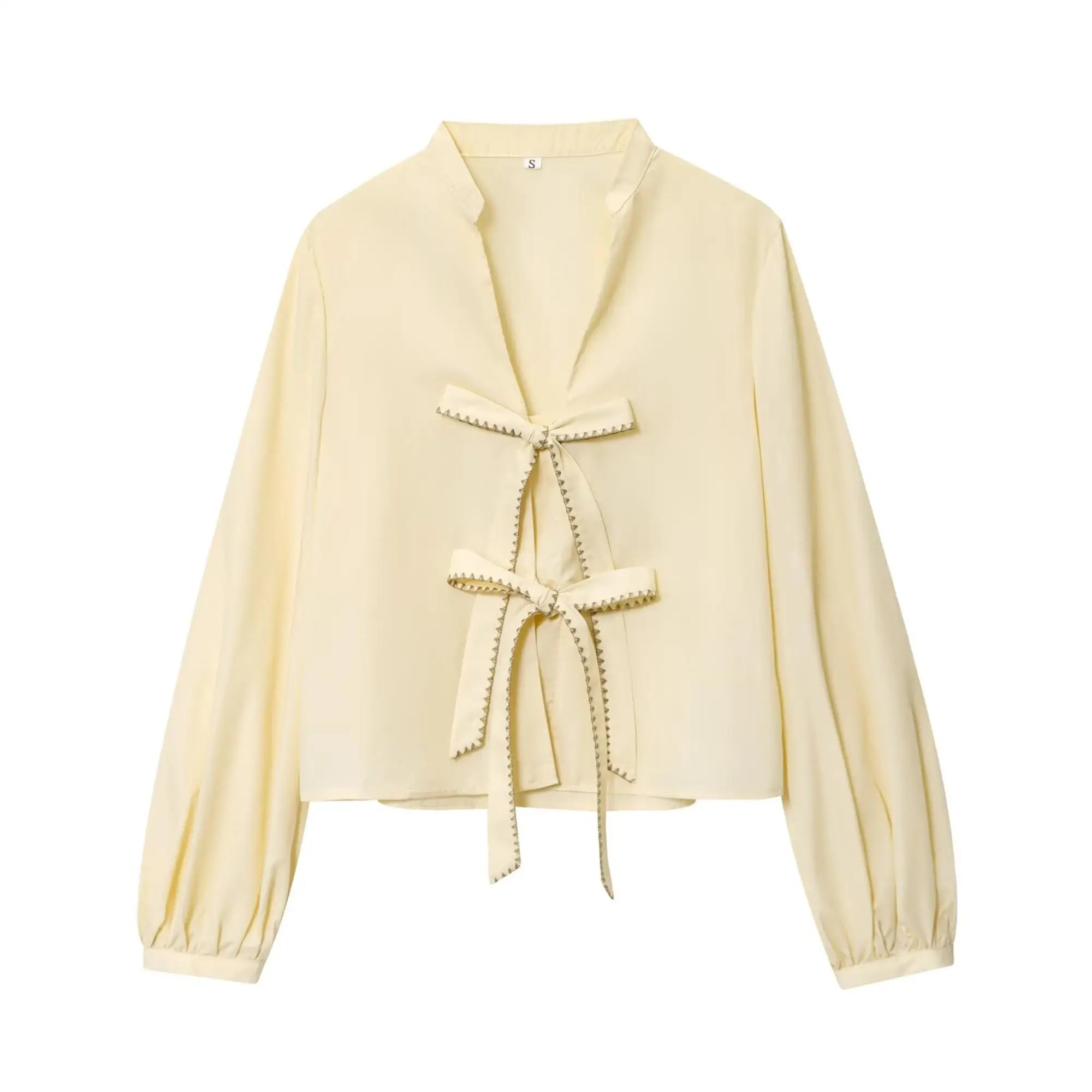 Women Striped Printed Lace-Up Shirt With Bow New Puff Long Sleeves V-Neck Hollow Out Blouses Sweet Ladies Fashion Tops