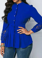 Women's Elegant Lace Blouses European & American Single-Breasted Open-Neck Stitching Fashion Chiffon Office Shirt Top for Women