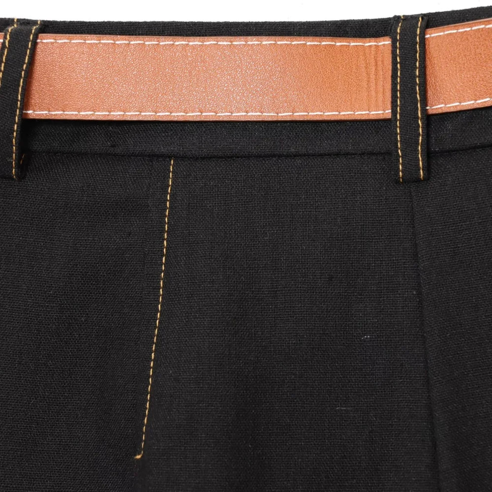 Women's Color Contrasting Stitch Collar Single breasted Straight Tank Top Long Fold Belt Bermuda Shorts Summer New Pants