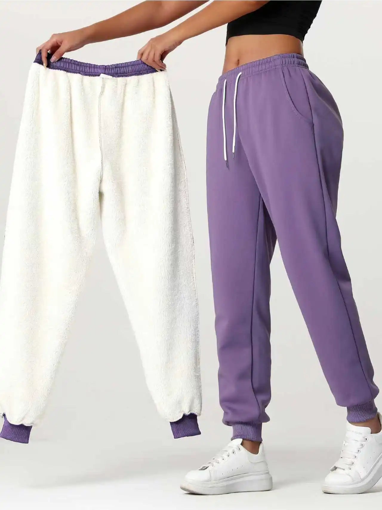 One pair of women's long pants for autumn and winter, thickened with fleece, warm solid color casual sportswear, with pockets