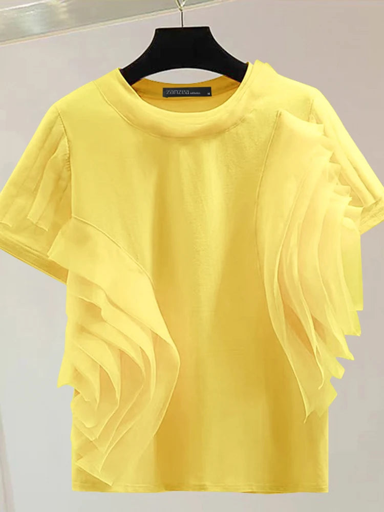 ZANZEA Women Ruffled Stitching Blouse Fashion Holiday O-neck Tops 2024 Summer Short Sleeve Tunics Casual Loose Solid Blusa Femme