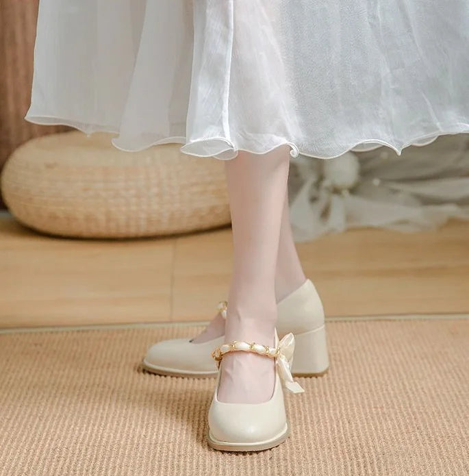 High Heels Shoes for Woman 2024 Pumps Square Toe Gothic Women's Summer Footwear Mary Jane Japanese Style Lolita with Bow White A
