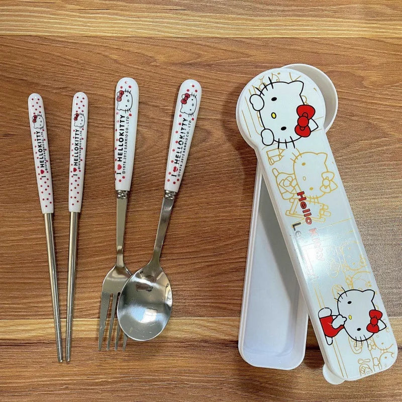 Anime Sanrio Hello Kitty Kitchen Tableware Stainless Steel Chopsticks Spoon Fork Office Portable Dinnerware Set Birthday Gifts