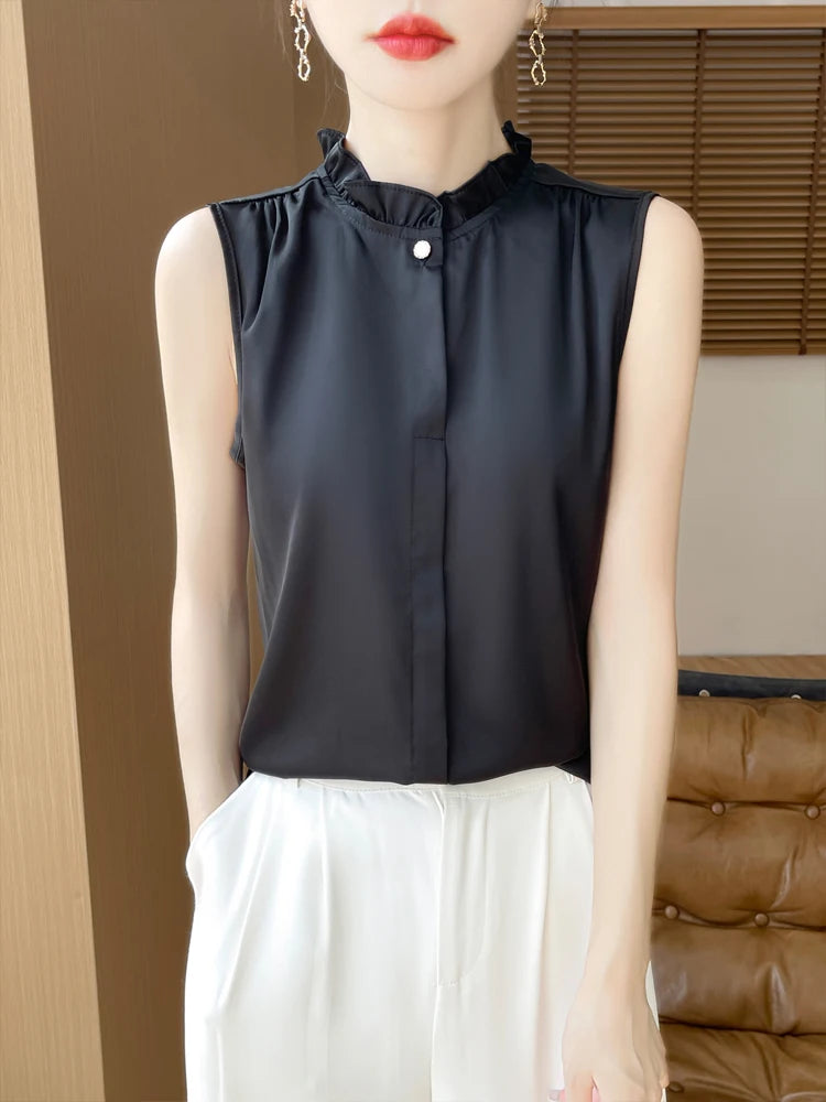 Women's T-shirt Ruffled Stand Collar Sleeveless Tops Loose Spring Summer Solid Tops Innerwear Casual Silk Ladies Tees Undershirt
