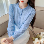 Woman's Embroidery Cotton Long-Sleeved Shirt New Stand Collar Stitching Ruffled Shirts Female Temperament Age-Reducing Thin Top
