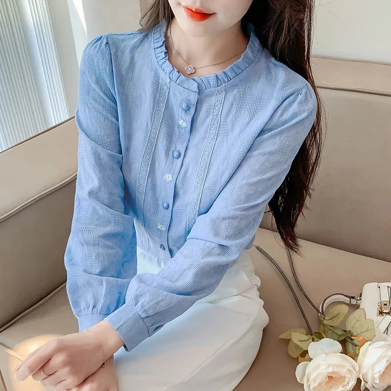 Woman's Embroidery Cotton Long-Sleeved Shirt New Stand Collar Stitching Ruffled Shirts Female Temperament Age-Reducing Thin Top