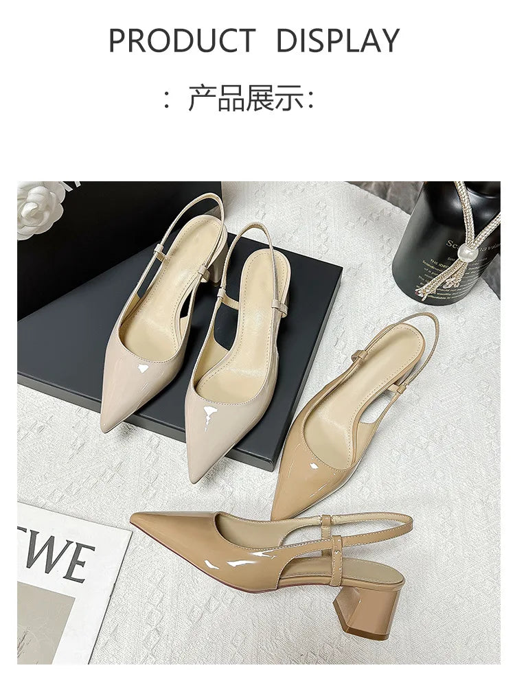 2025 New Medium Heel Woman 4cm Sandals Shallow Mouth Glossy Closed Toe Sandals One Word Buckle Temperament Summer Outdoor Shoes