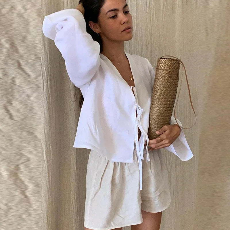 Casual Solid Lace Up Women Blouse Deep V-neck Long Sleeve Loose Female Shirt 2025 Spring Summer New Fashion Sweet Ladies Blouses